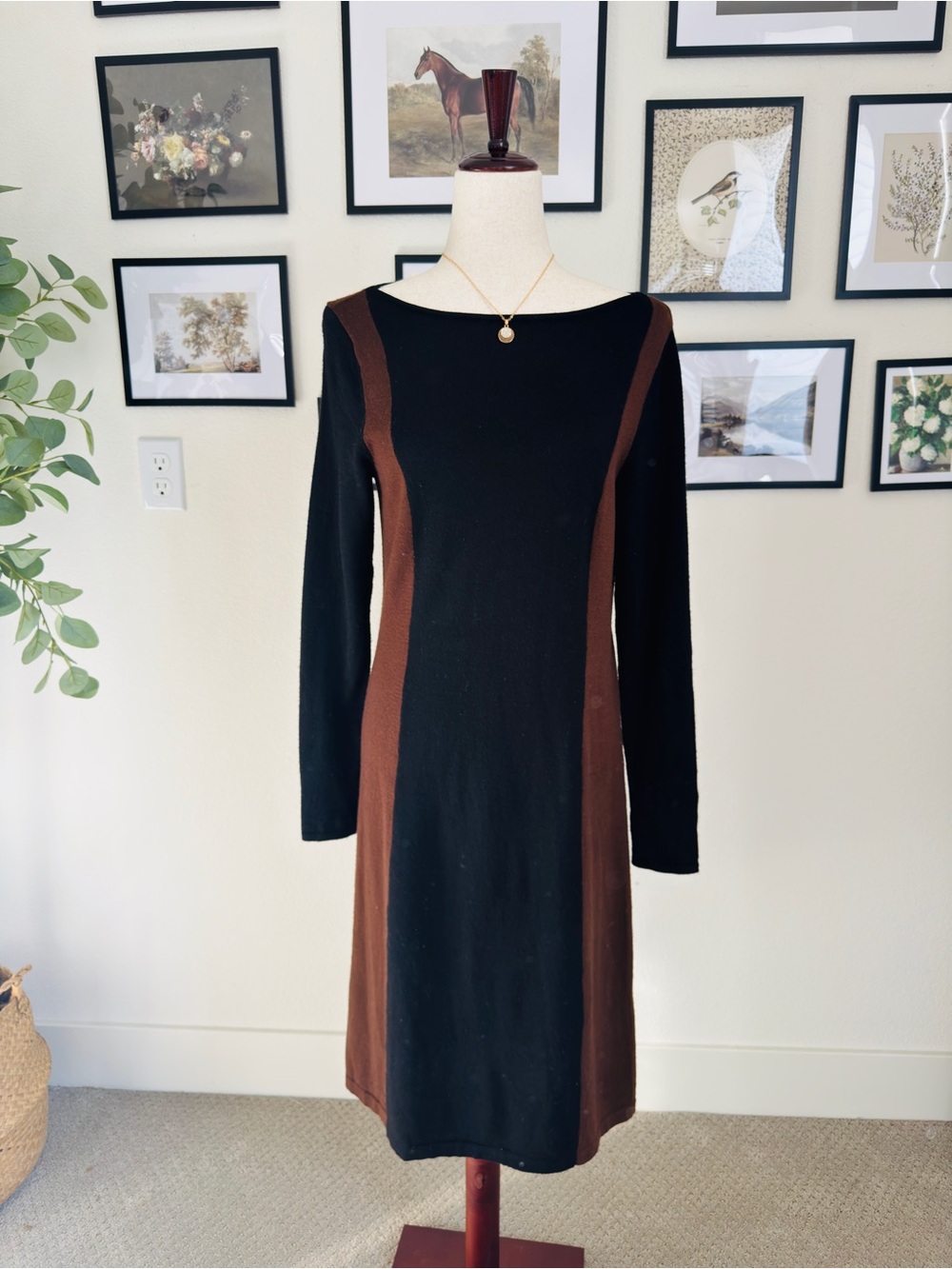 Ralph Lauren Black and Brown Long-Sleeve Knit Shift Dress
